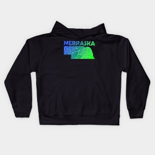 Colorful mandala art map of Nebraska with text in blue and green Kids Hoodie